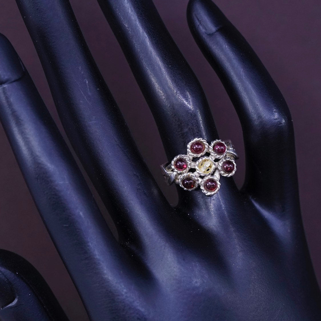 sz 5.5, vtg Sterling silver handmade ring, 925 band w/ Garnet