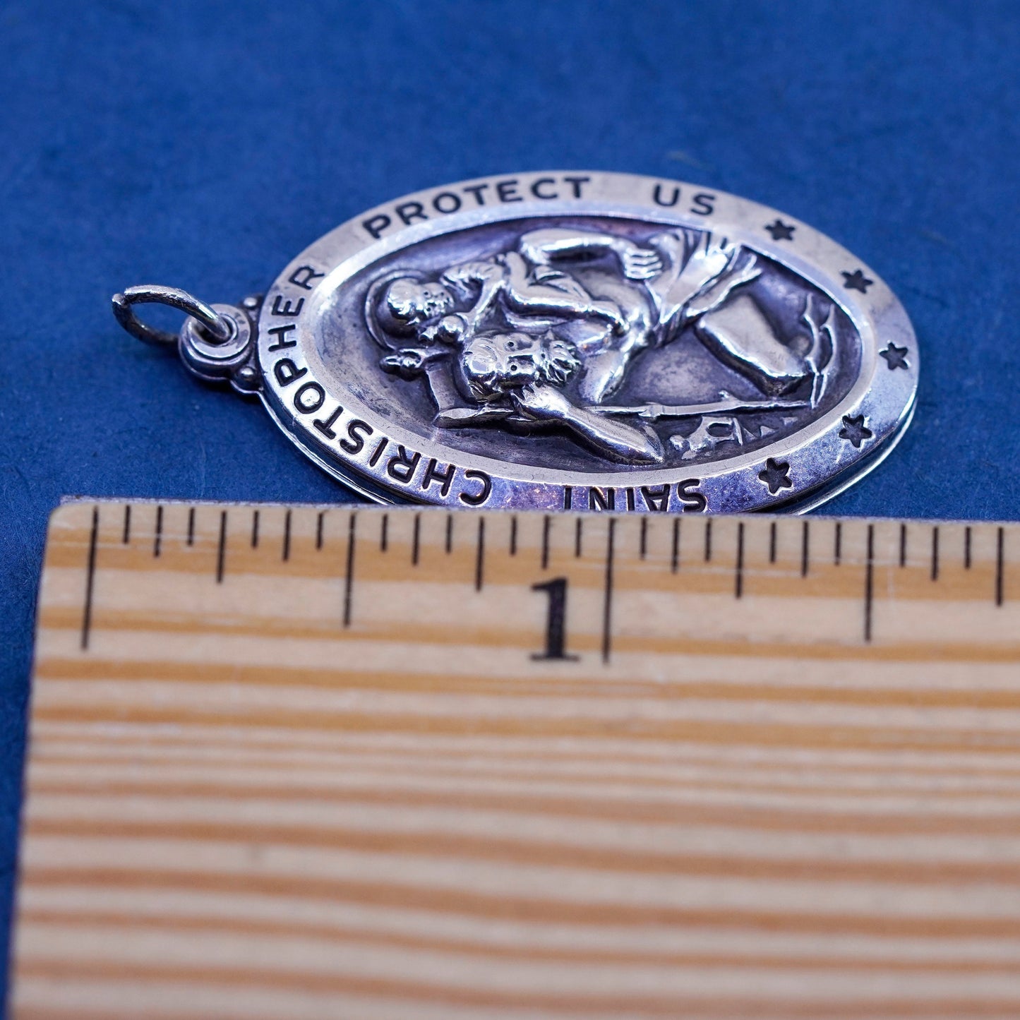 Vintage sterling 925 silver tag pendant, Saint Christopher protect us charm