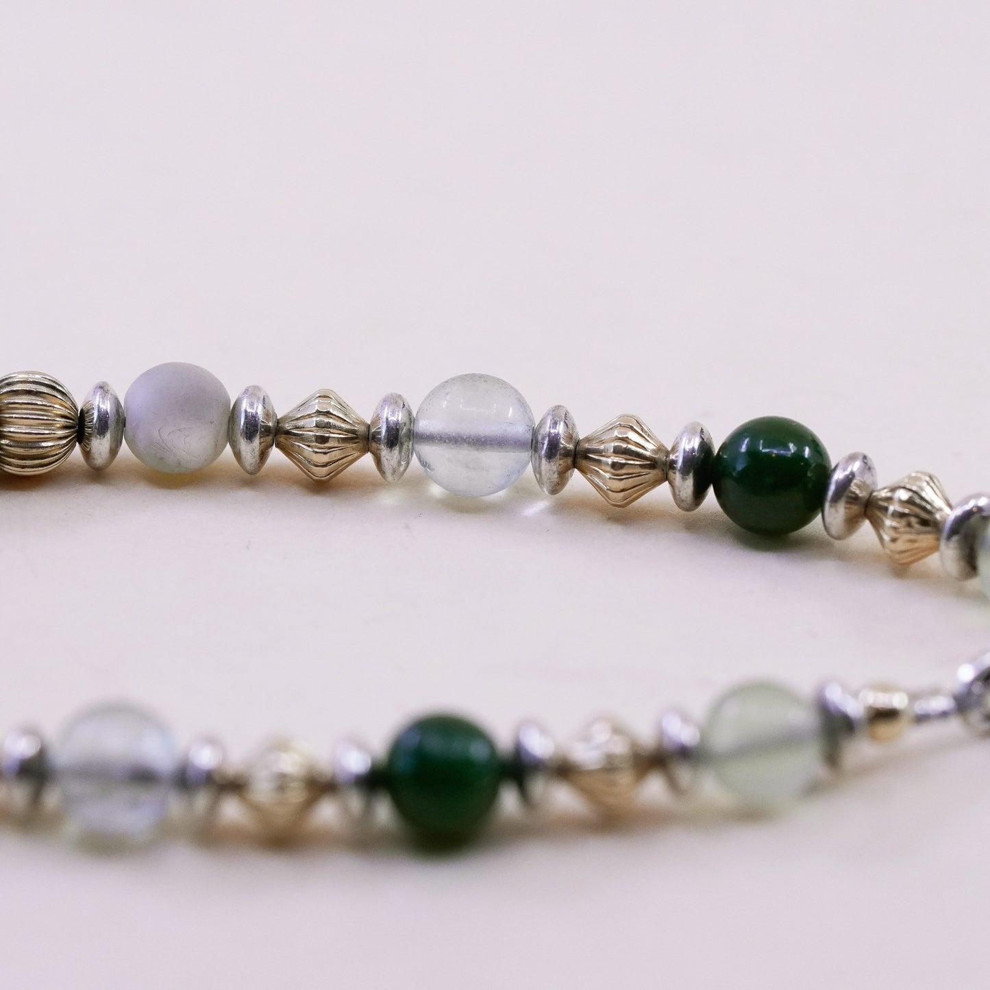 6.5”, 14K gold beads Sterling 925 Silver prehnite jade bracelet “JDPM” cubes