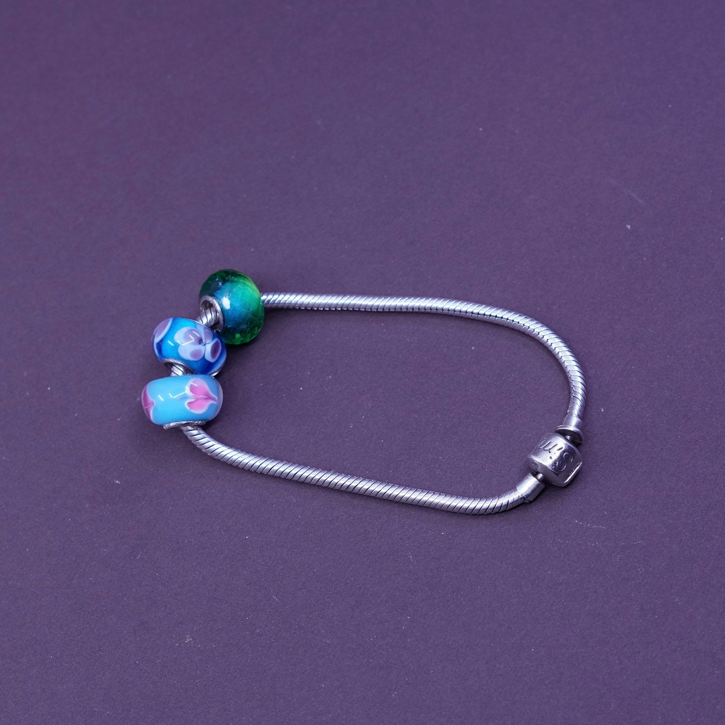 6.5”, sim stars sterling silver bracelet, 925 snake chain w/ Murano glass charm