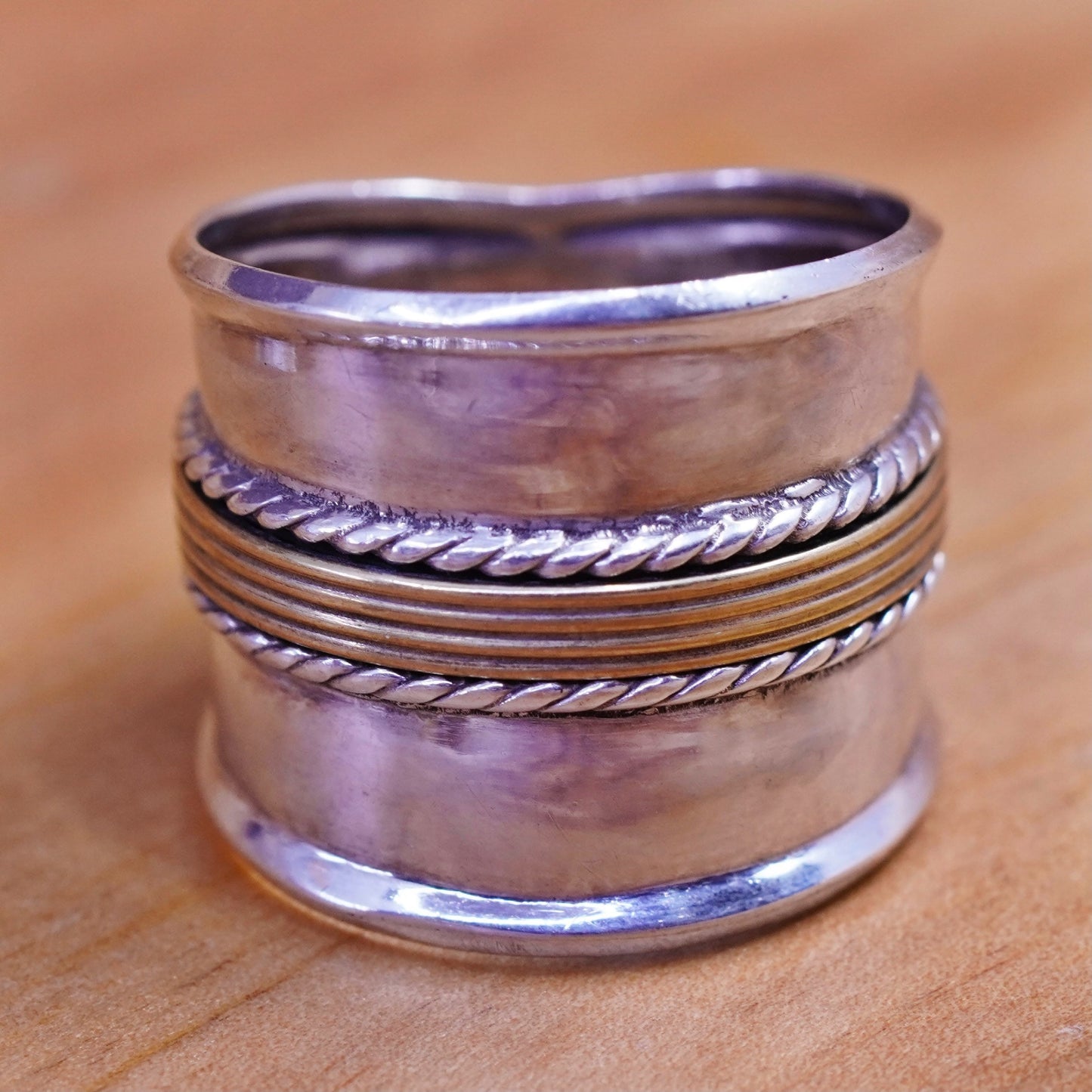 Size 9.5, vintage two tone Sterling silver handmade ring, wide 925 band brass