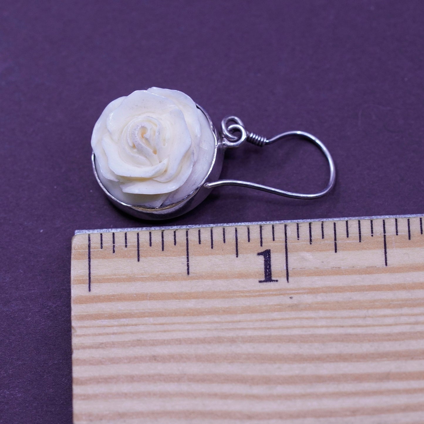 Vintage Sterling 925 silver handmade earrings, carved rose flower drops