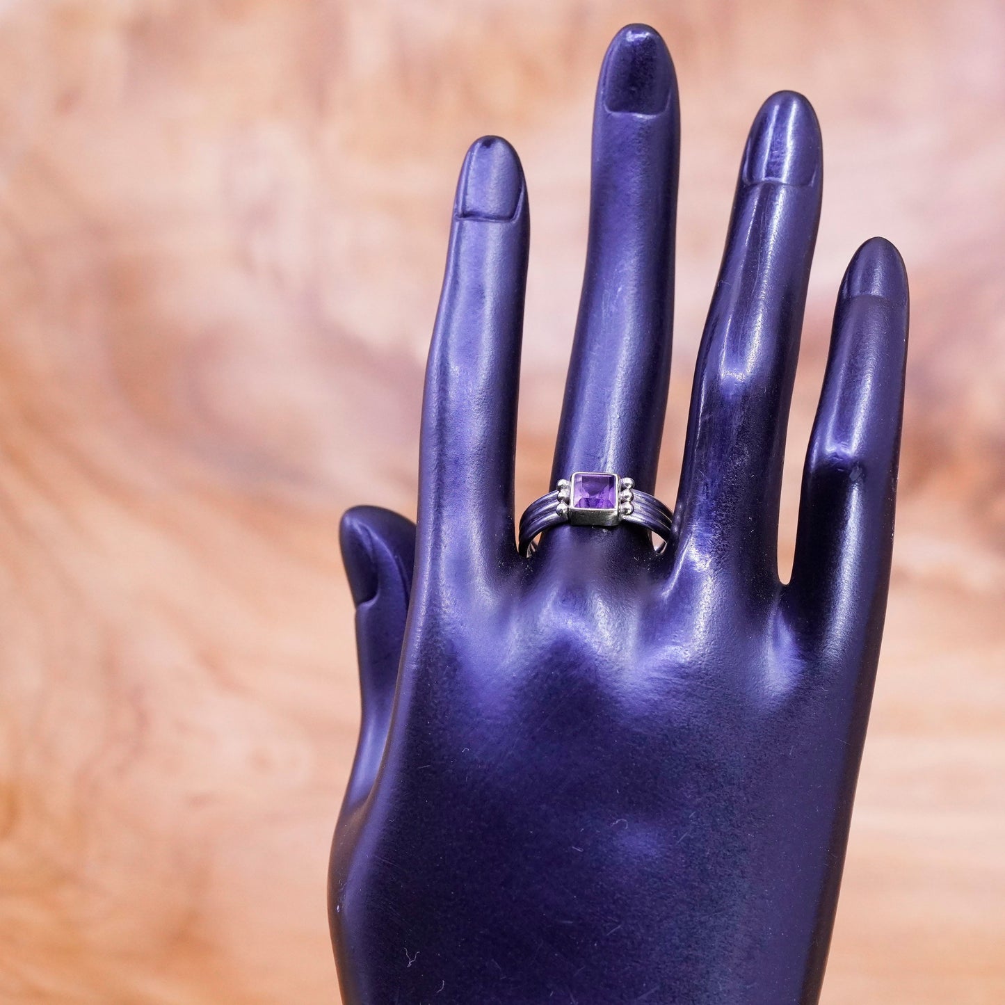 Size 9, 14K yellow gold Sterling silver ring stackable 925 ribbed band amethyst