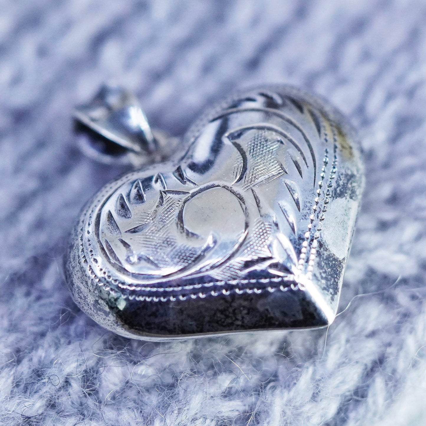 Vintage sterling 925 silver handmade textured puffy heart pendant