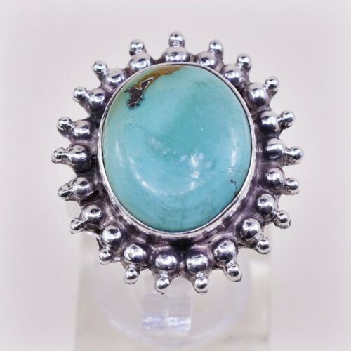 Sz 7, Vtg Sterling Silver Handmade Ring W/ Oval Turquoise N Beads, Stamped 925