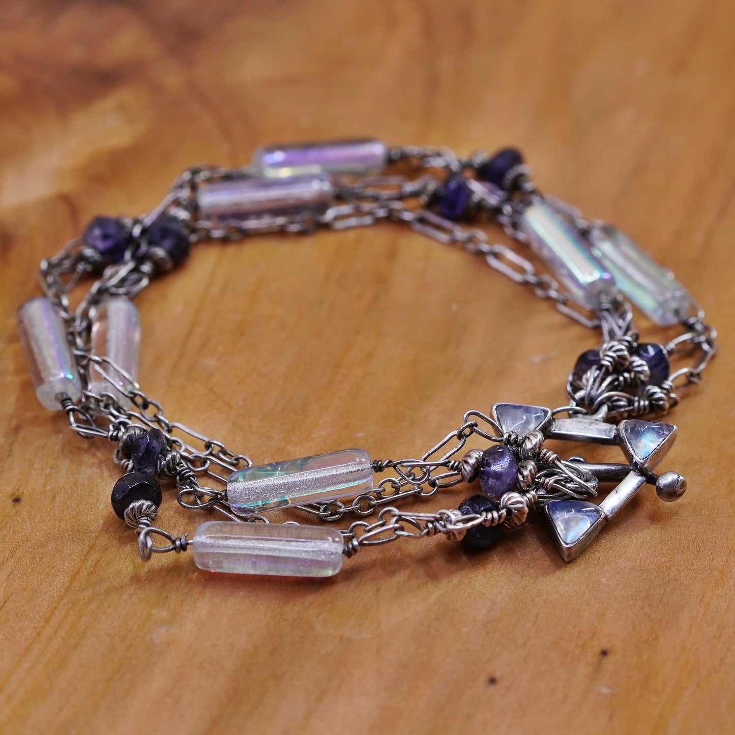 6.75”, Sterling silver handmade bracelet glass tube moonstone toggle closure