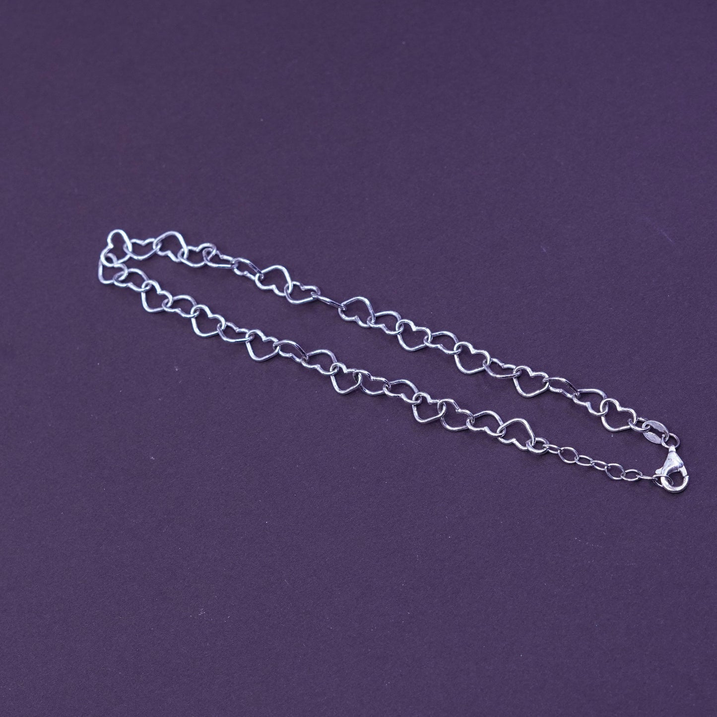 10”, Vintage sterling silver handmade anklet, 925 heart chain, stamped 925 italy