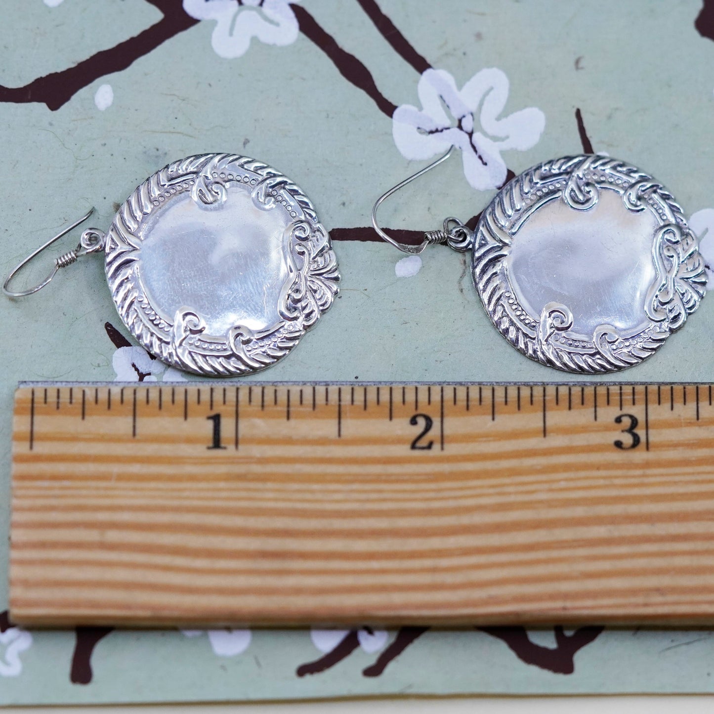 Vintage modern sterling silver handmade earrings, textured 925 tag dangles