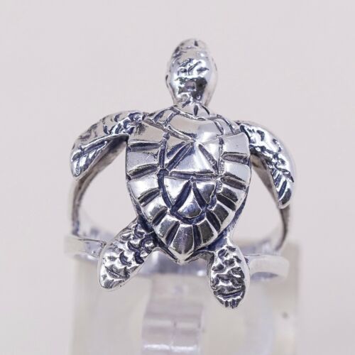 Size 5.75, Mexico Handmade Sterling 925 Silver Sea Turtle Band Ring, Stamped 925