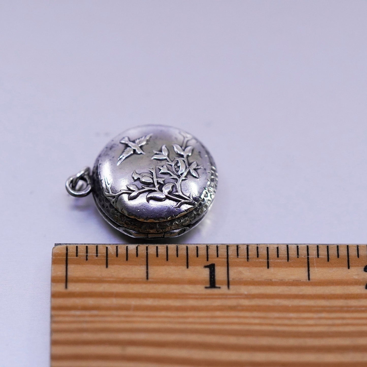 Antique Sterling silver charm, 925 circle photos locket with bird floral relief