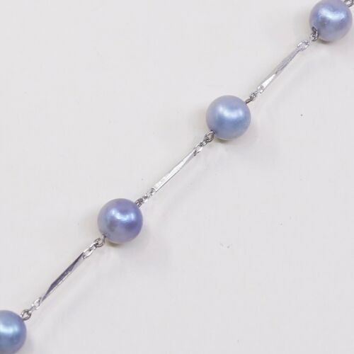 7.5”, Vtg Sterling Silver Handmade bracelet 925 Bar With Blue Pearl Beads