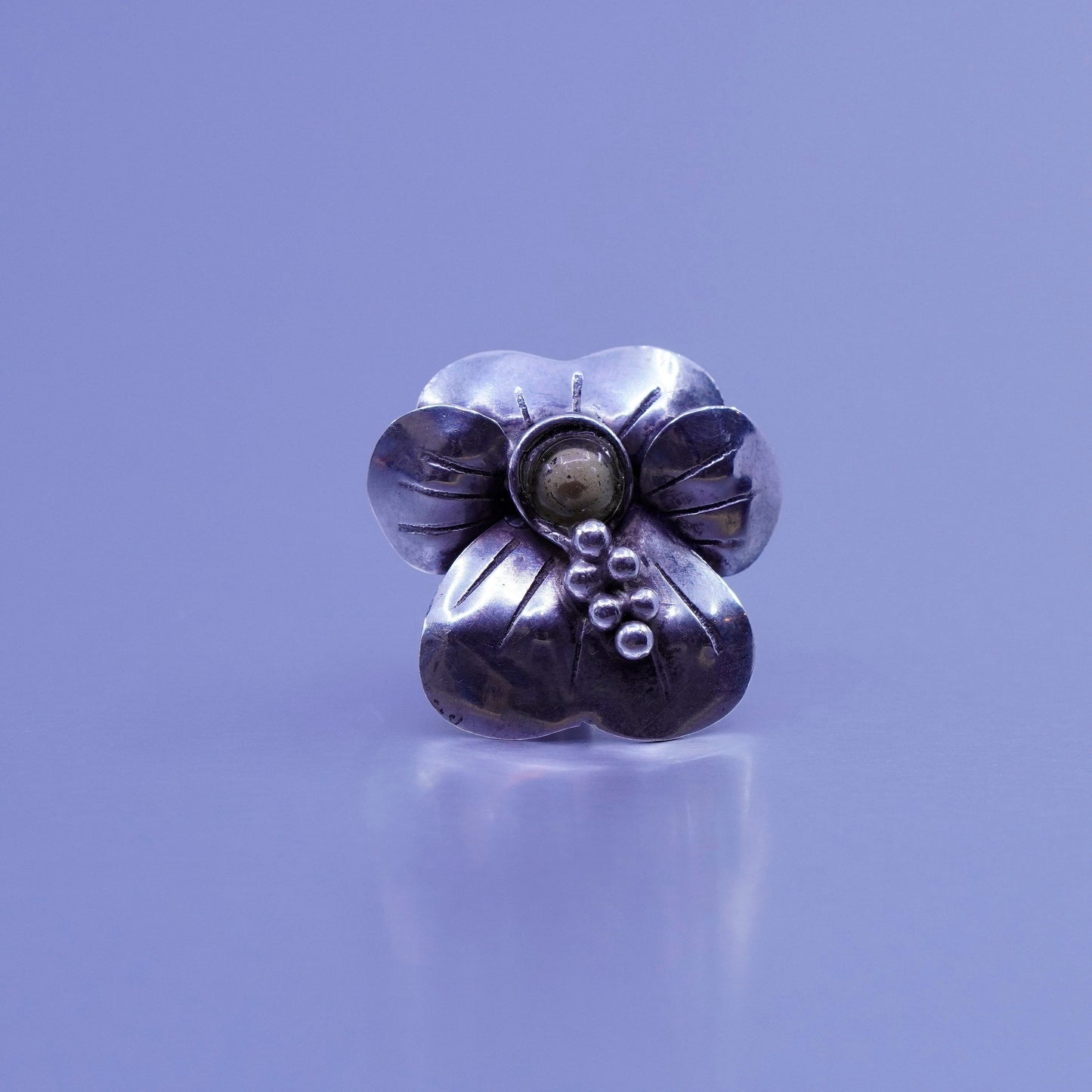 Vintage Sterling 925 silver handmade earrings, flower clip on with glass bead