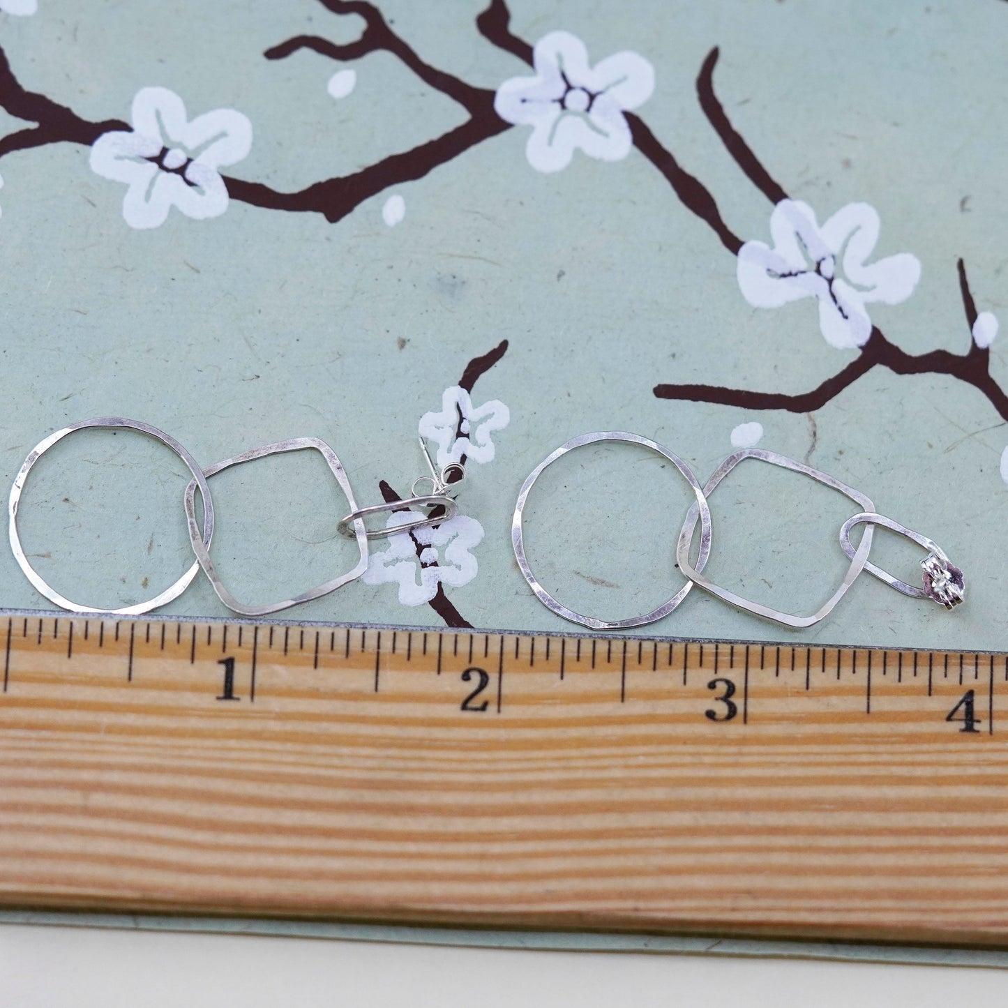 Vintage sterling silver handmade earrings, 925 circles square dangle