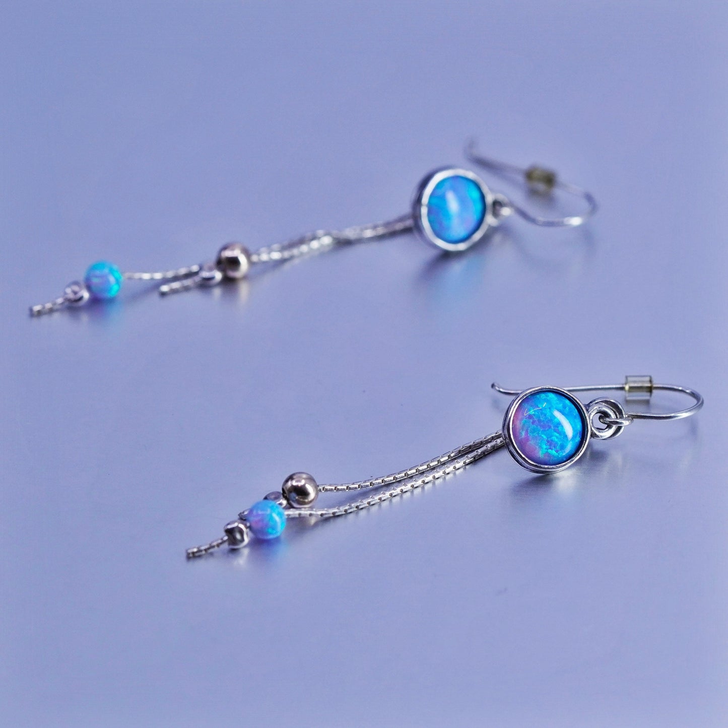 Vintage Sterling 925 silver handmade opal earrings with long fringe