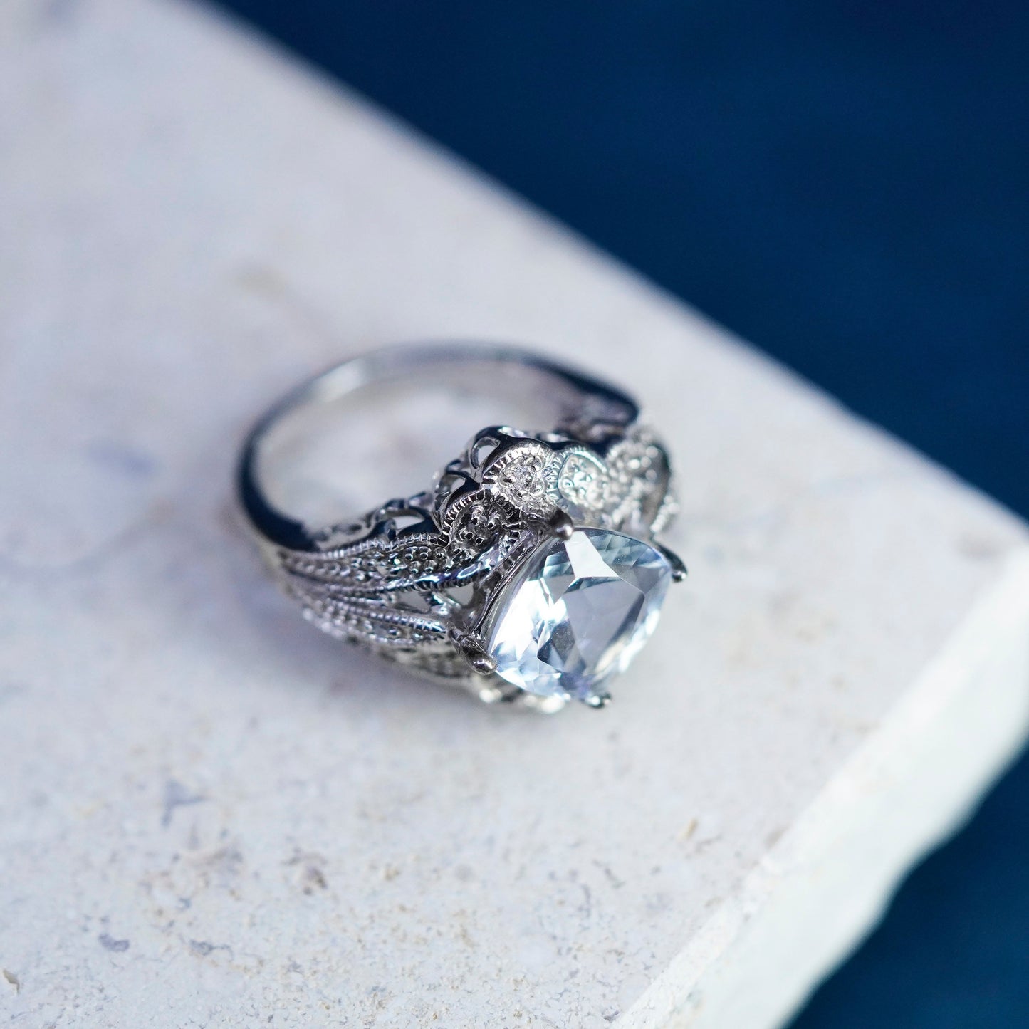 Size 4.75, vintage Sterling 925 silver engagement ring with cluster Cz around