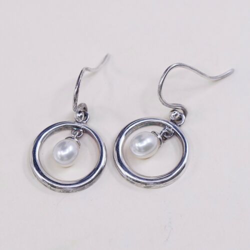 Vtg Modern, Elegant STERLING 925 SILVER Circle earrings with pearl Dangles