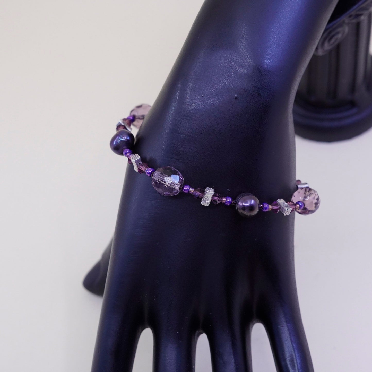 6.75”, vintage sterling 925 silver handmade bracelet with pearl and crystal