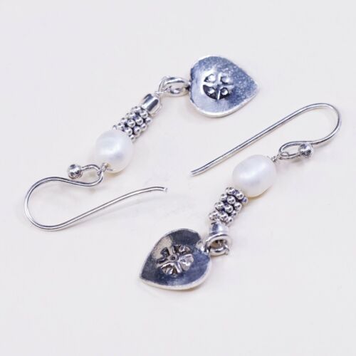 Vintage Southwestern handmade Sterling 925 Silver Heart Earrings w/ Pearl Beads