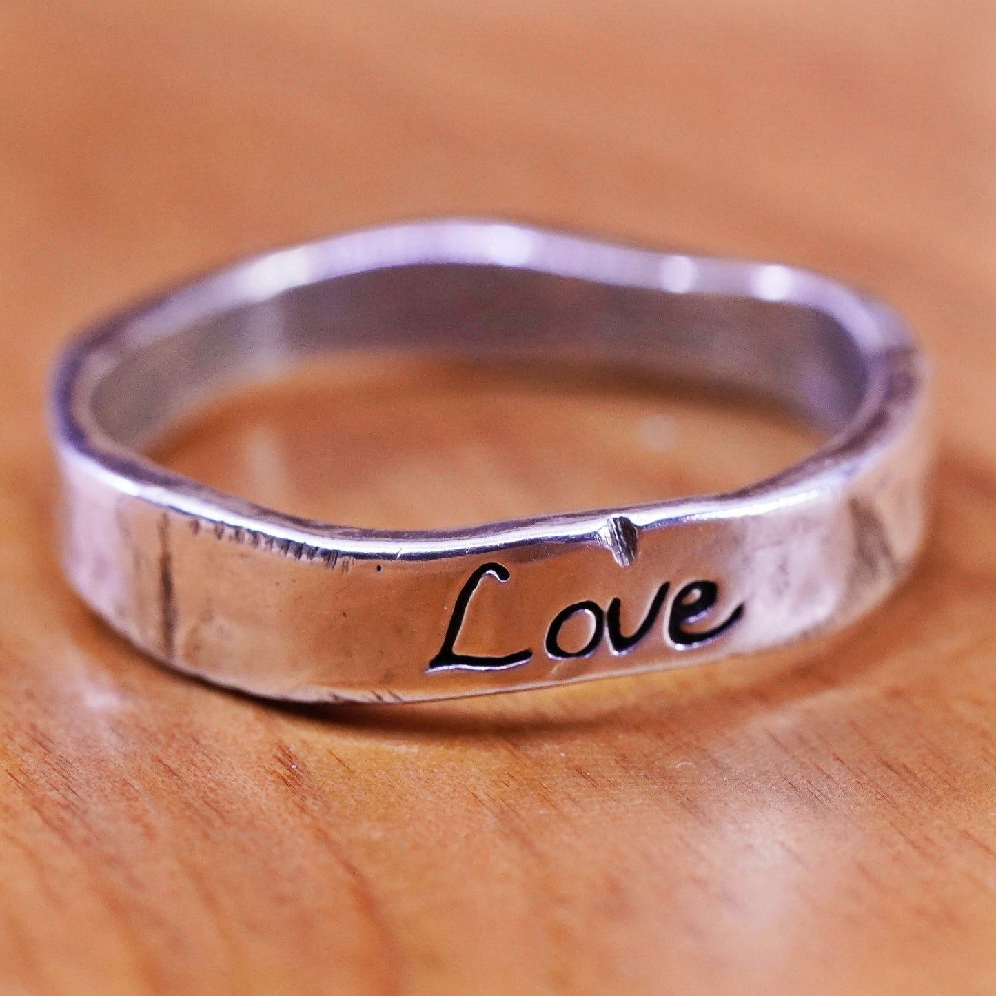 Size 8.25, vintage Sterling silver prayer ring, hammered 925 band with “love”