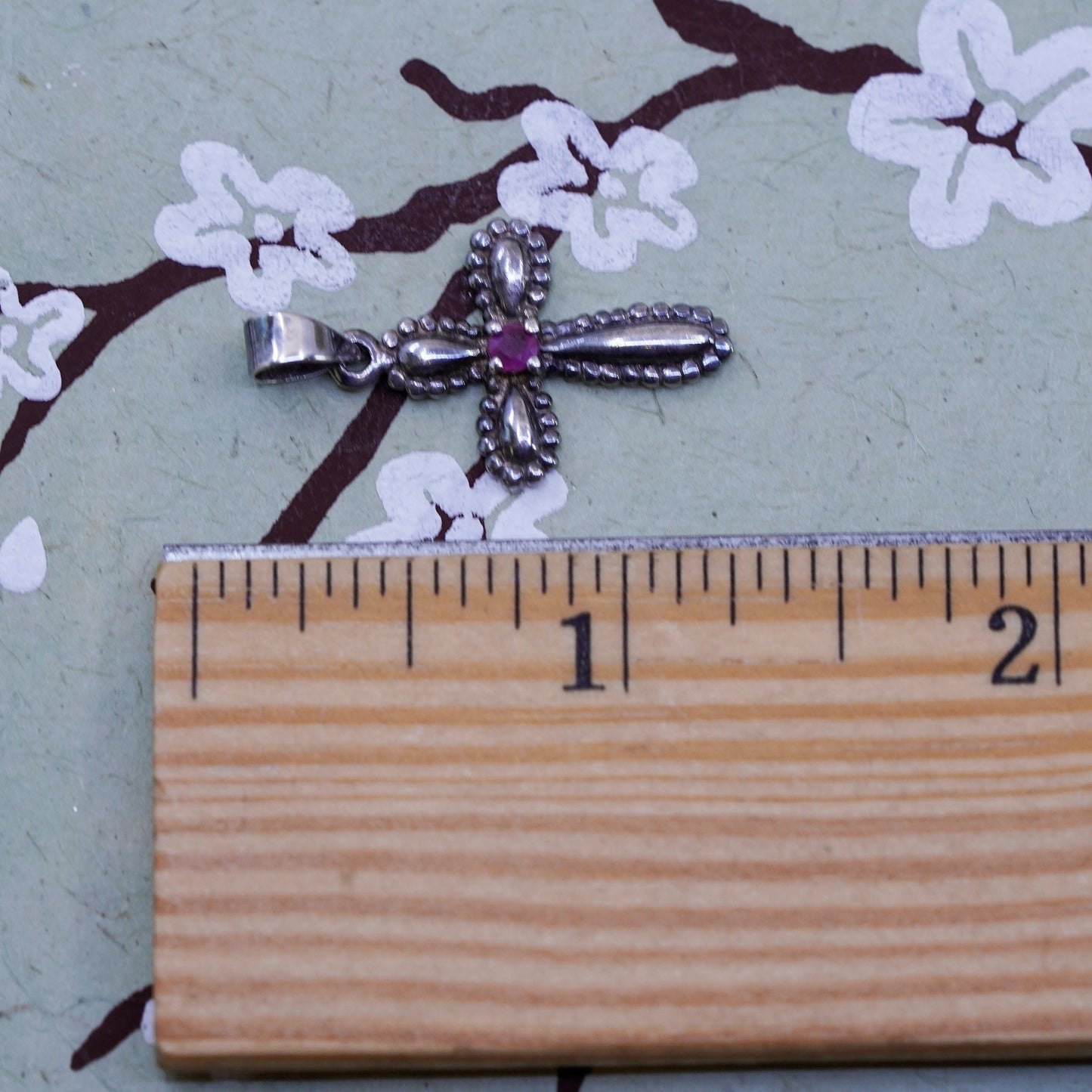Vintage Sterling silver handmade pendant, 925 cross with ruby beads, Christian