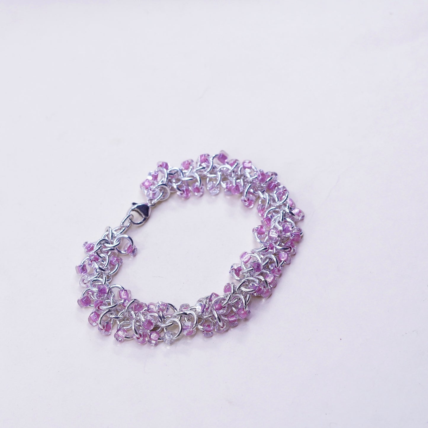 7”, Vintage sterling silver bracelet, 925 circle chain with cluster pink beads