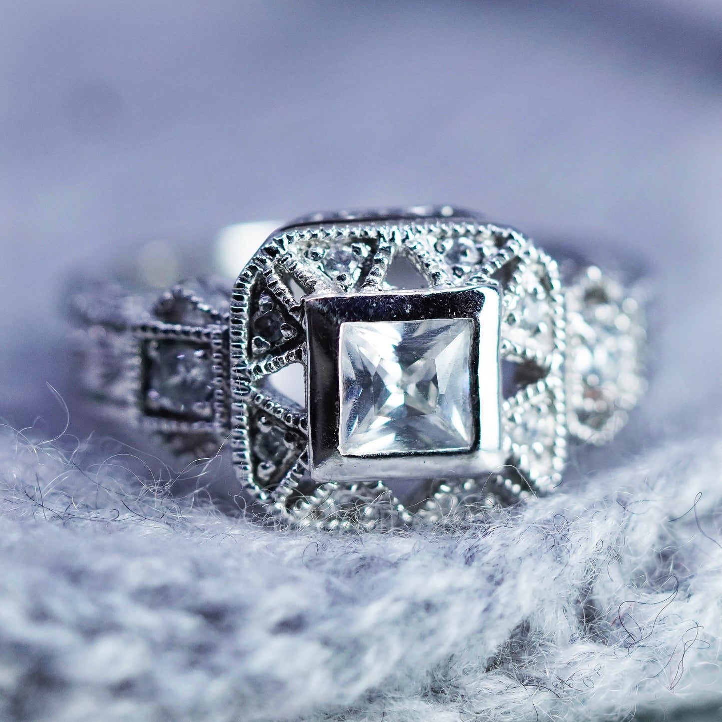 Size 7.25, vintage Sterling 925 silver handmade engagement ring with cluster Cz
