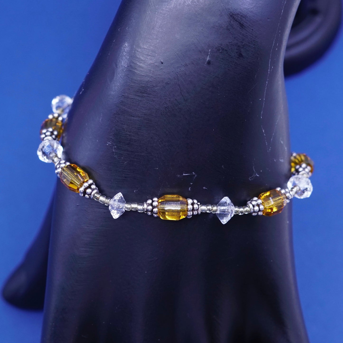 7”, vintage Sterling silver handmade bracelet, 925 with citrine and crystal