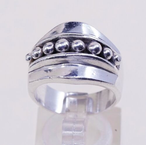 Size 7.25, Vtg Sterling Silver Handmade Ring 925 Silver Band w/ beads Around