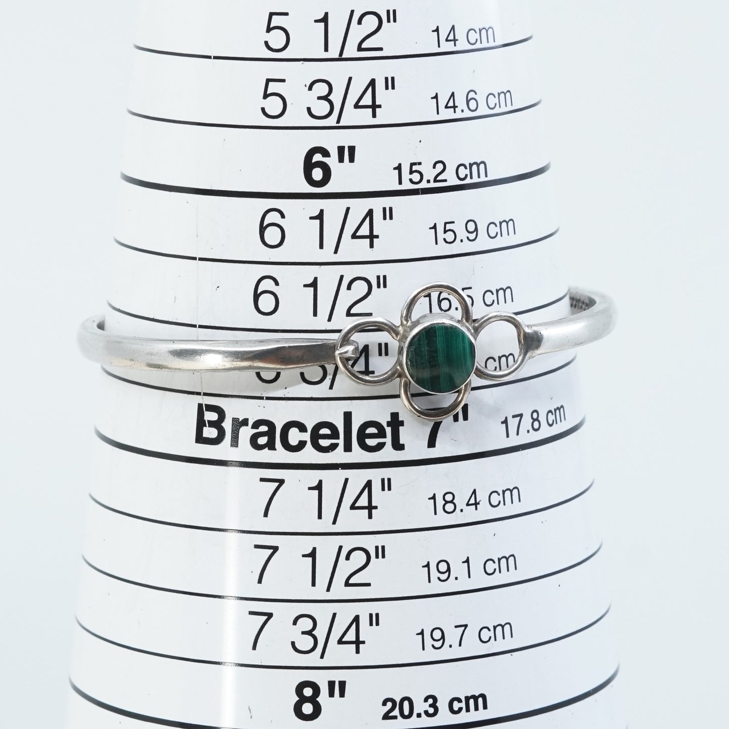 6.75” vtg Sterling silver handmade bracelet, mexico 925 cuff w/ malachite
