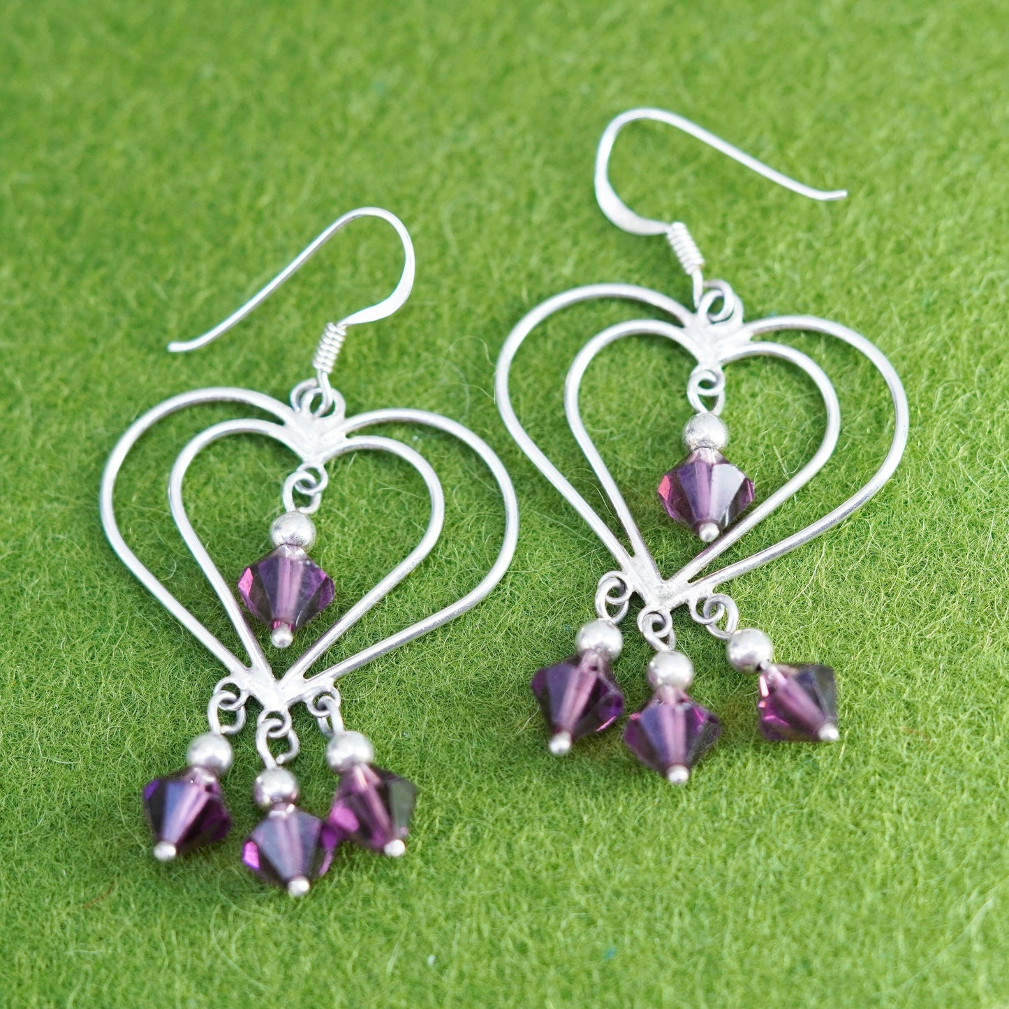 Vintage sterling silver handmade earrings, 925 heart with purple crystal