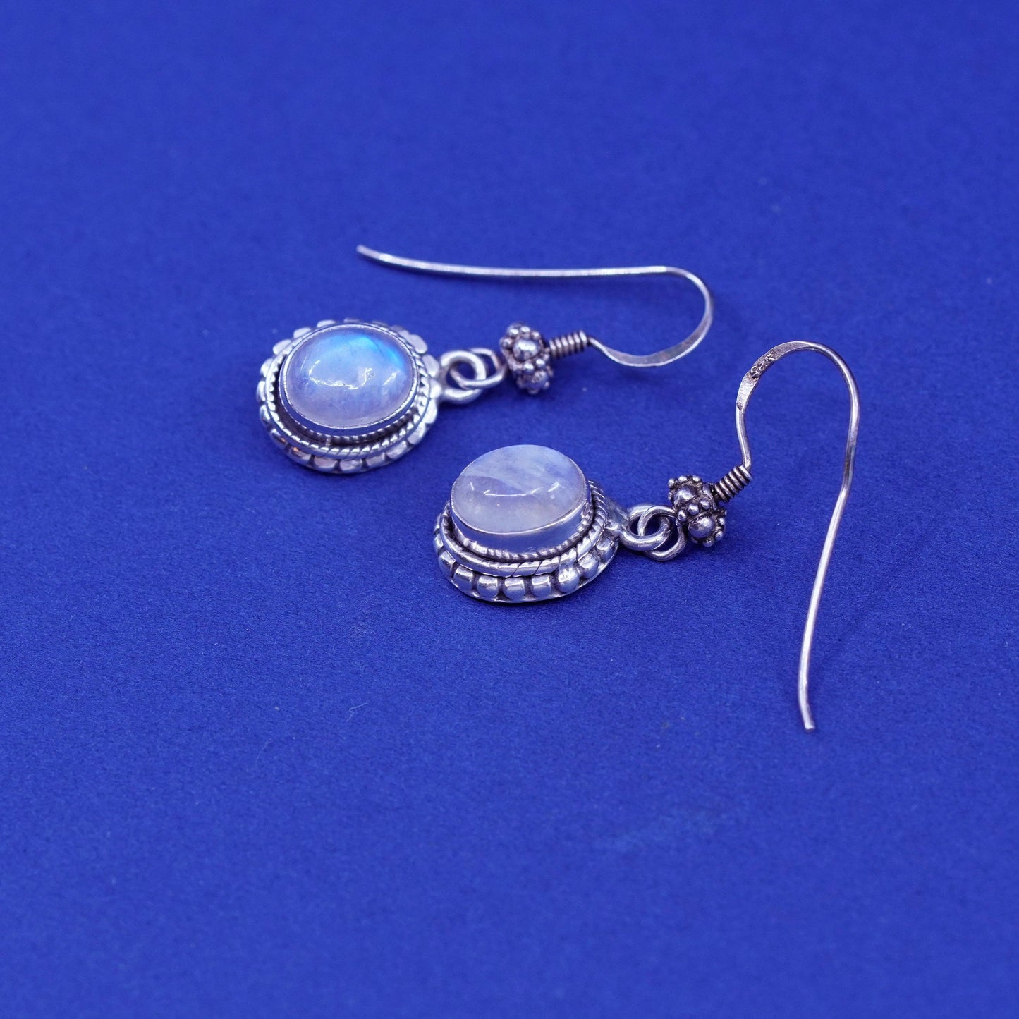 Vintage Sterling 926 silver handmade earrings with oval moonstone and beads