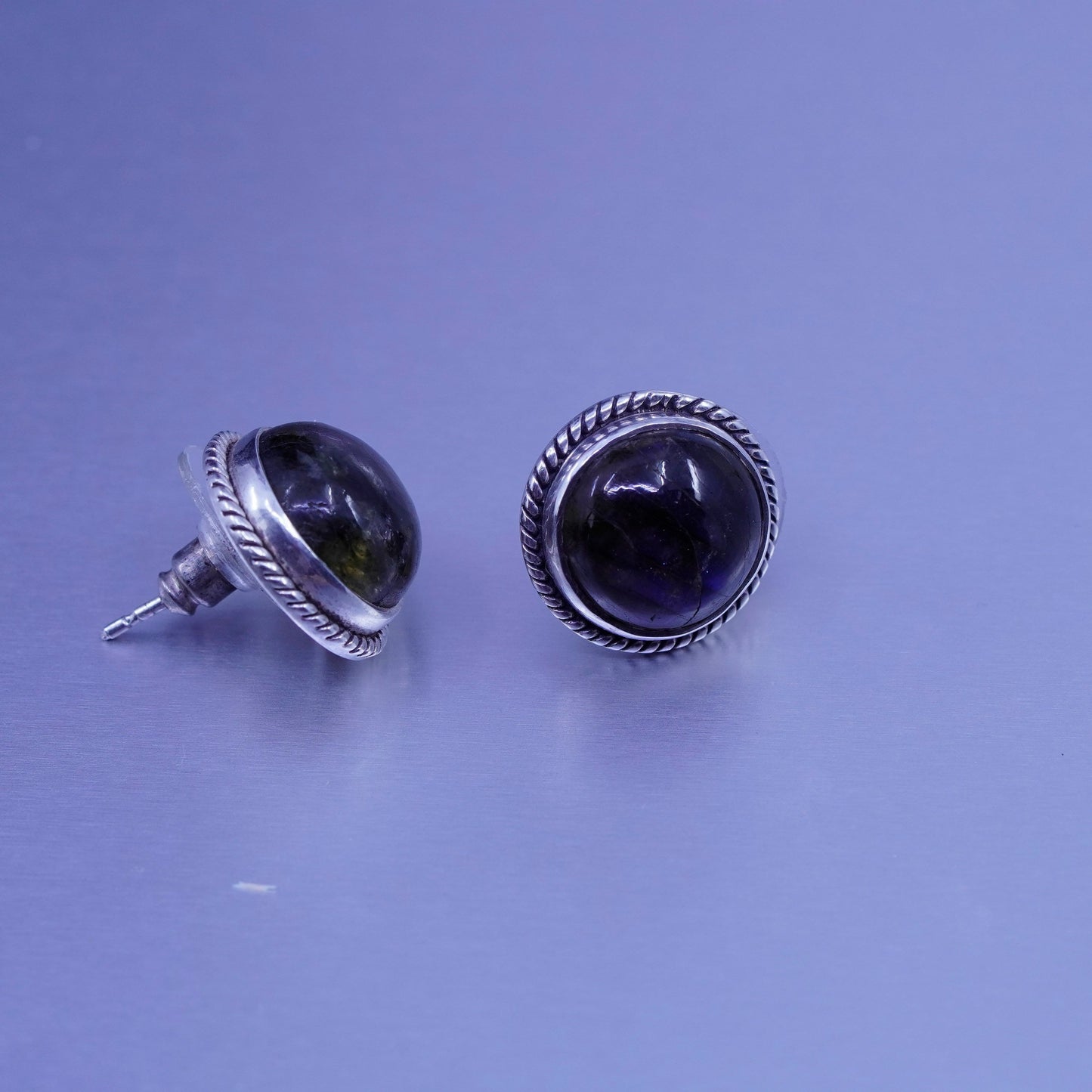 Vintage Sterling 925 silver handmade earrings, round studs with labradorite