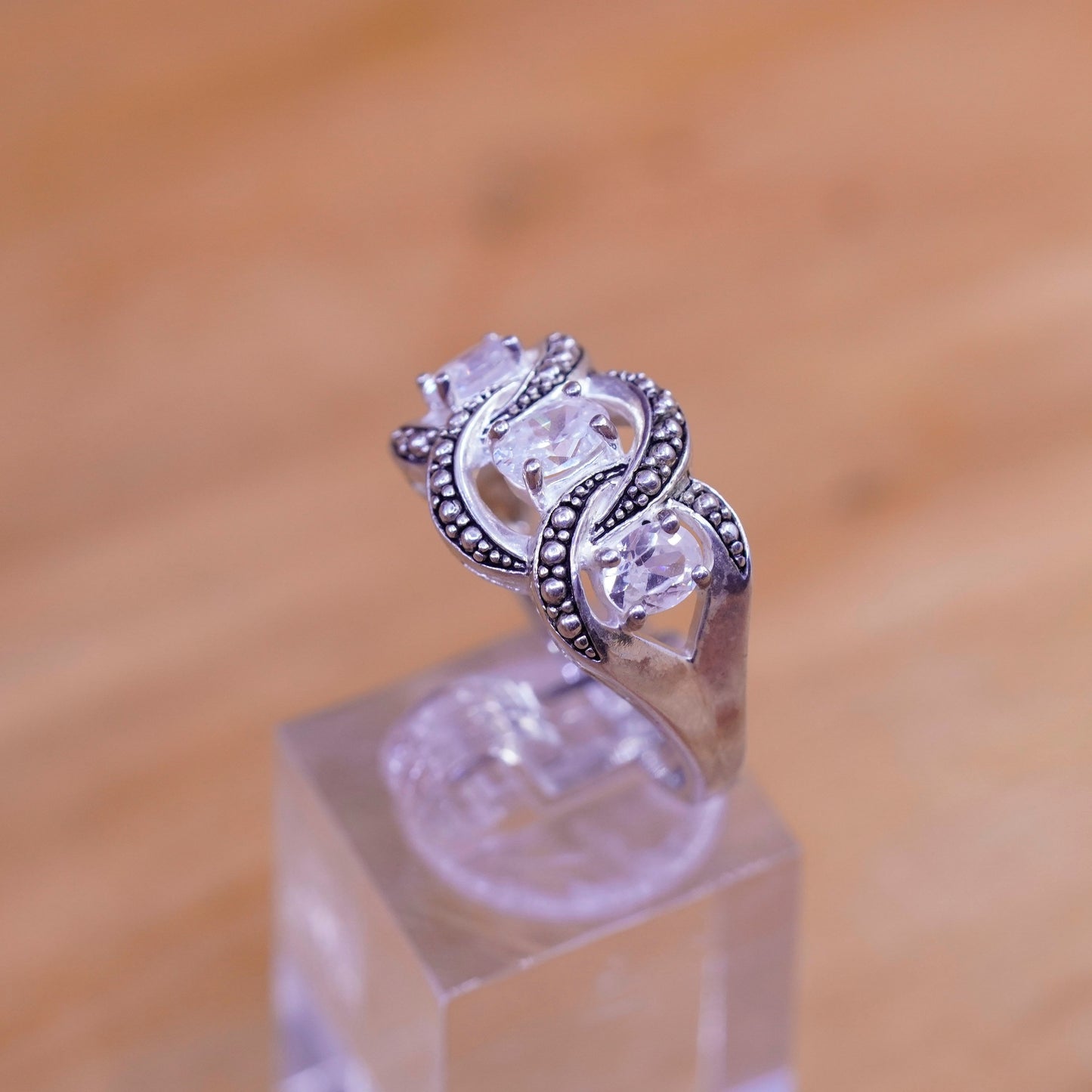 Size 8, vintage Sterling 925 silver engagement ring with cz and beads
