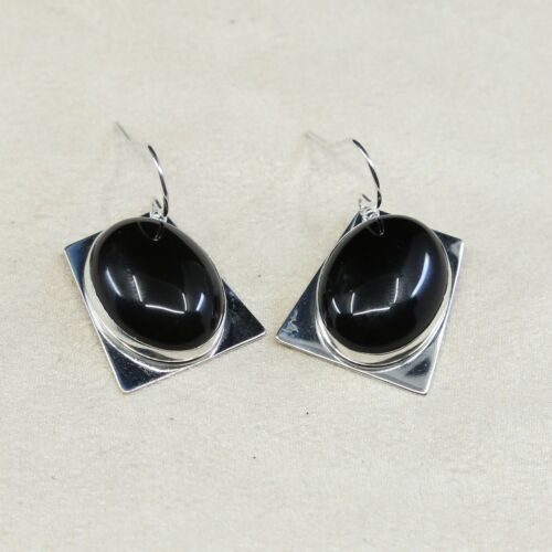 Vtg Sterling Silver Handmade Earrings, 925 Silver W/ Obsidian Inlay