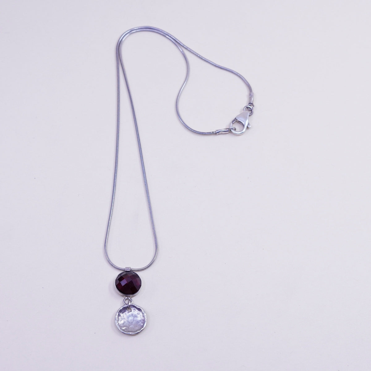 16” silpada 925 Sterling Silver snake Chain Necklace circle disc garnet Pendant
