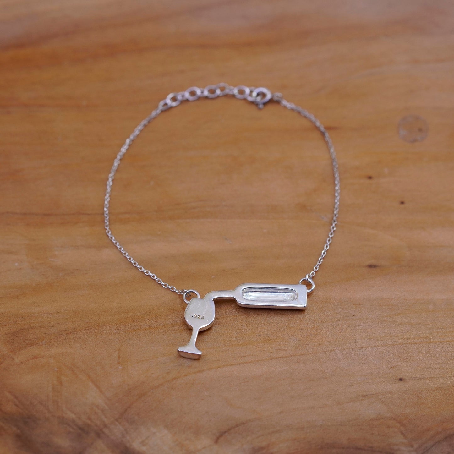 8”, sterling 925 silver handmade bracelet, circle chain with wine glass bottle