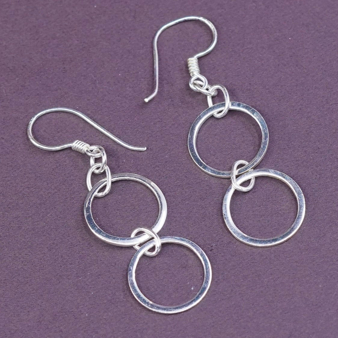 2” long, VTG Sterling silver handmade earrings, 925 double circles dangle