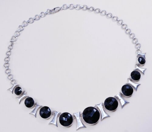 18", Vtg Mexico Modern Handmade sterling 925 silver necklace W/ Checker Obsidian