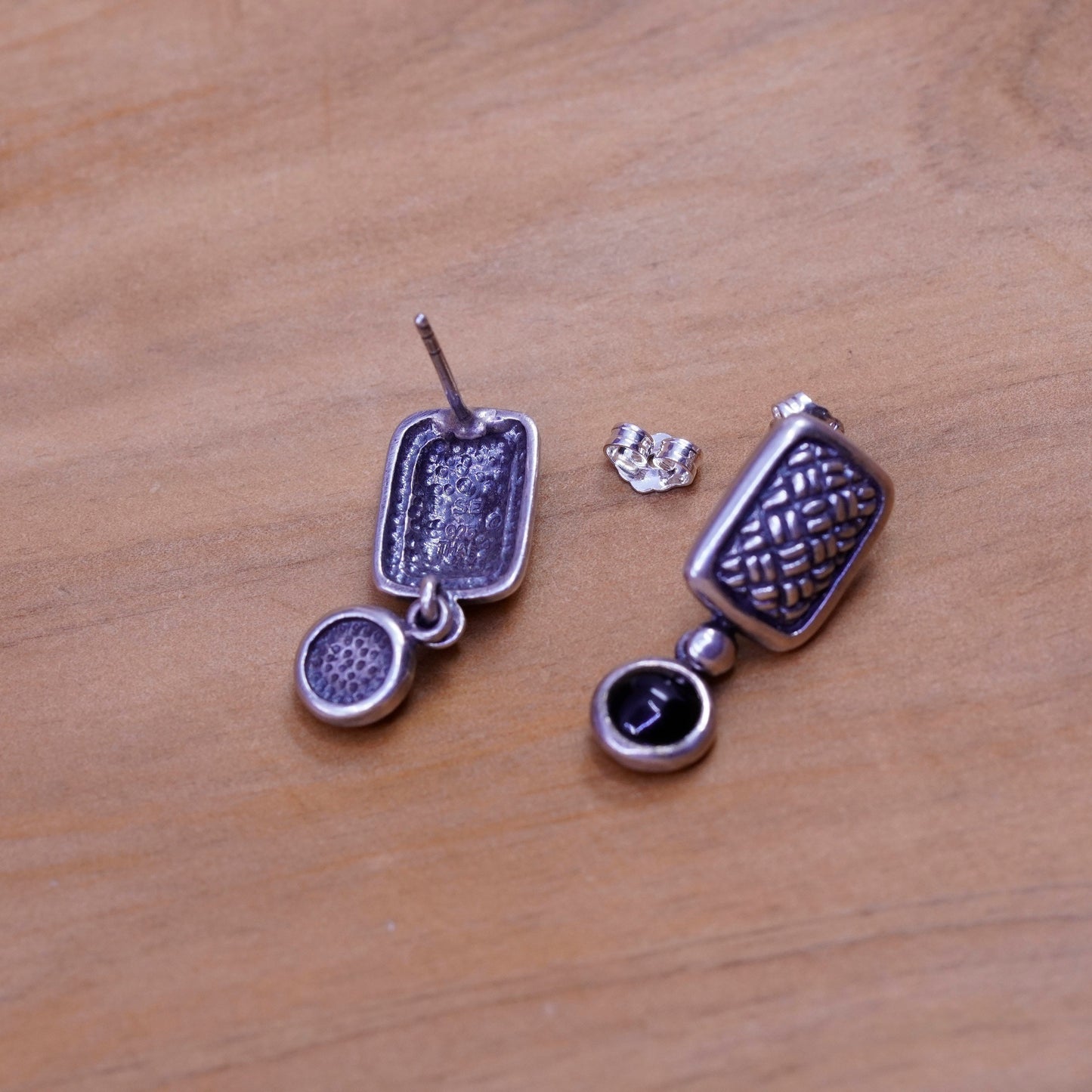 Sterling silver handmade earrings, textured 925 rectangular obsidian beads