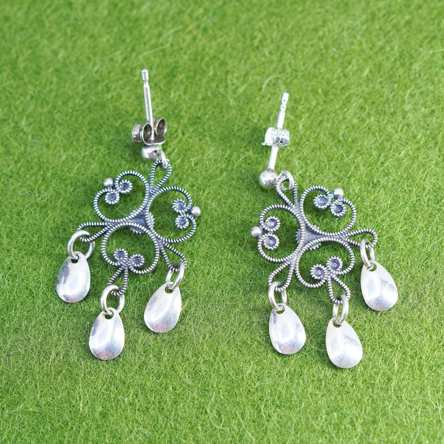Vintage sterling silver handmade earrings, filigree 925 clover teardrop dangles