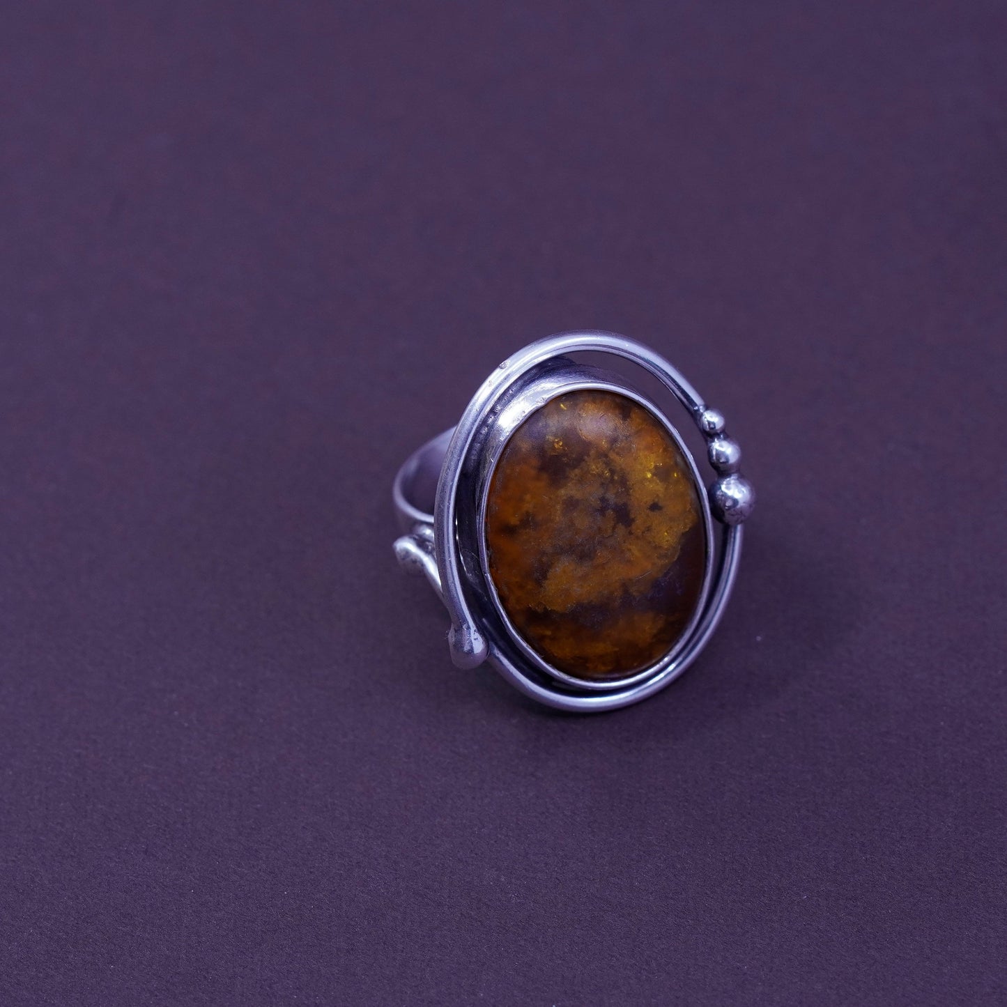 Size 10.5, vintage Sterling 925 silver handmade ring with oval Amber and beads