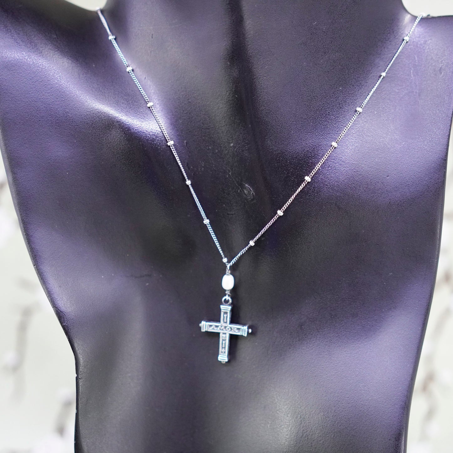 18”, Sterling 925 silver handmade beaded chain necklace with cross pendant