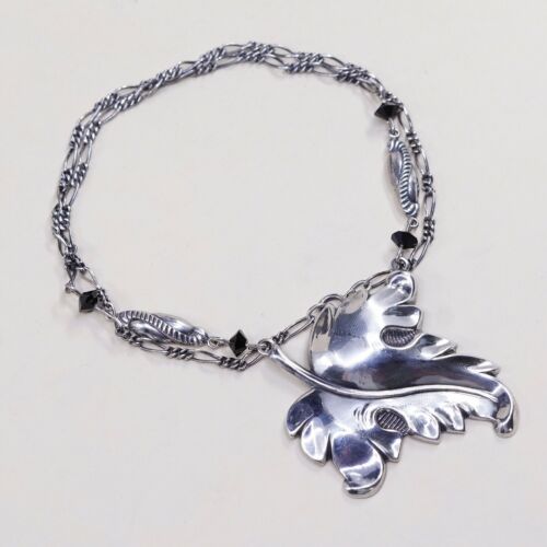 16” Vtg Handmade Sterling 925 Silver Necklace Figaro Chain W/ Maple Leaf Pendent