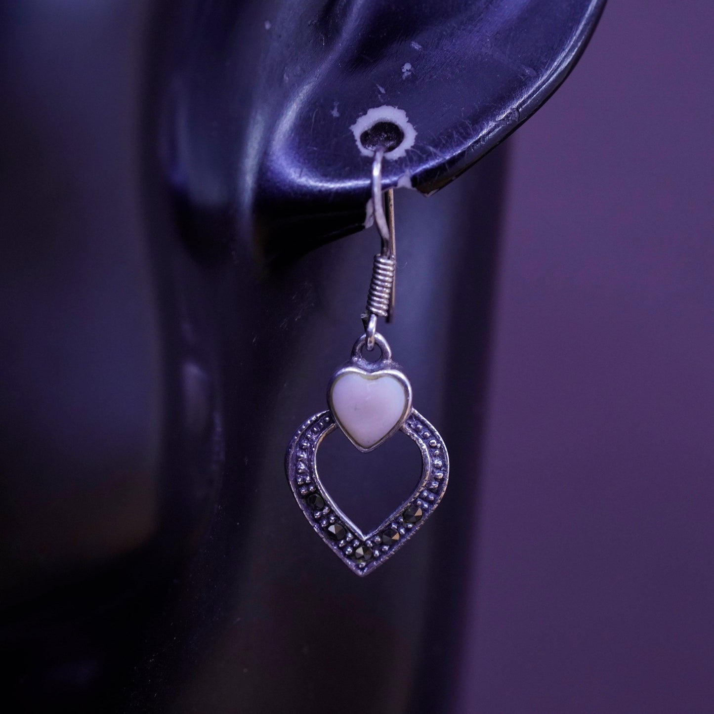Sterling 925 silver handmade earrings with heart mother of pearl Marcasite