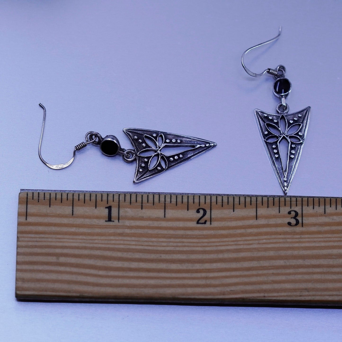 Vintage Sterling 925 silver handmade arrow earrings with black onyx and beads