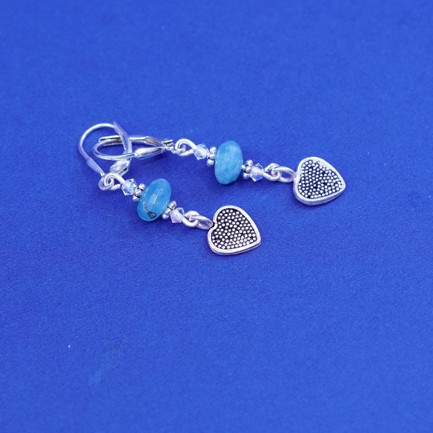 Vintage Sterling silver handmade earrings, 925 heart with jade beads