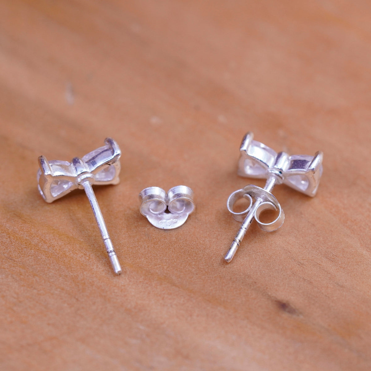 vintage Sterling 925 silver ribbon bow tie studs, cz earrings