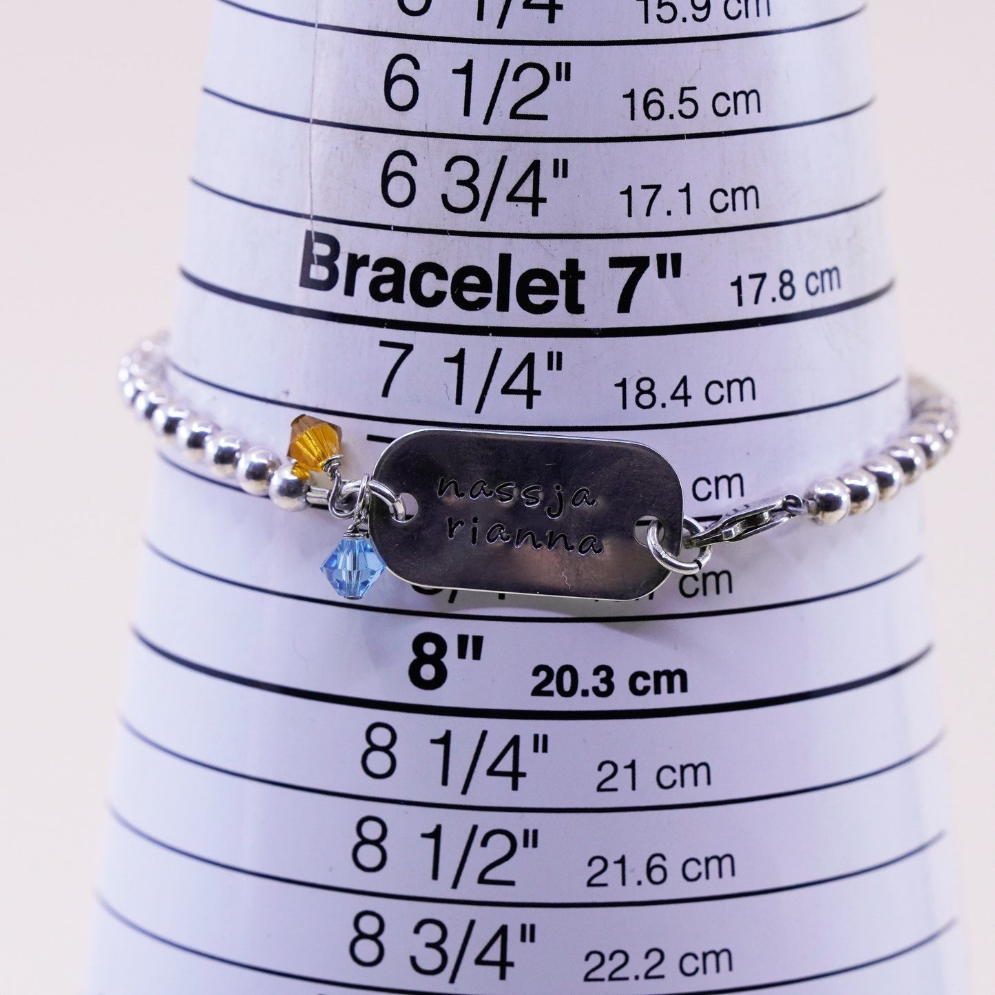 7.5” Sterling silver handmade bracelet, 925 bead chain name tag “nassja rianna”