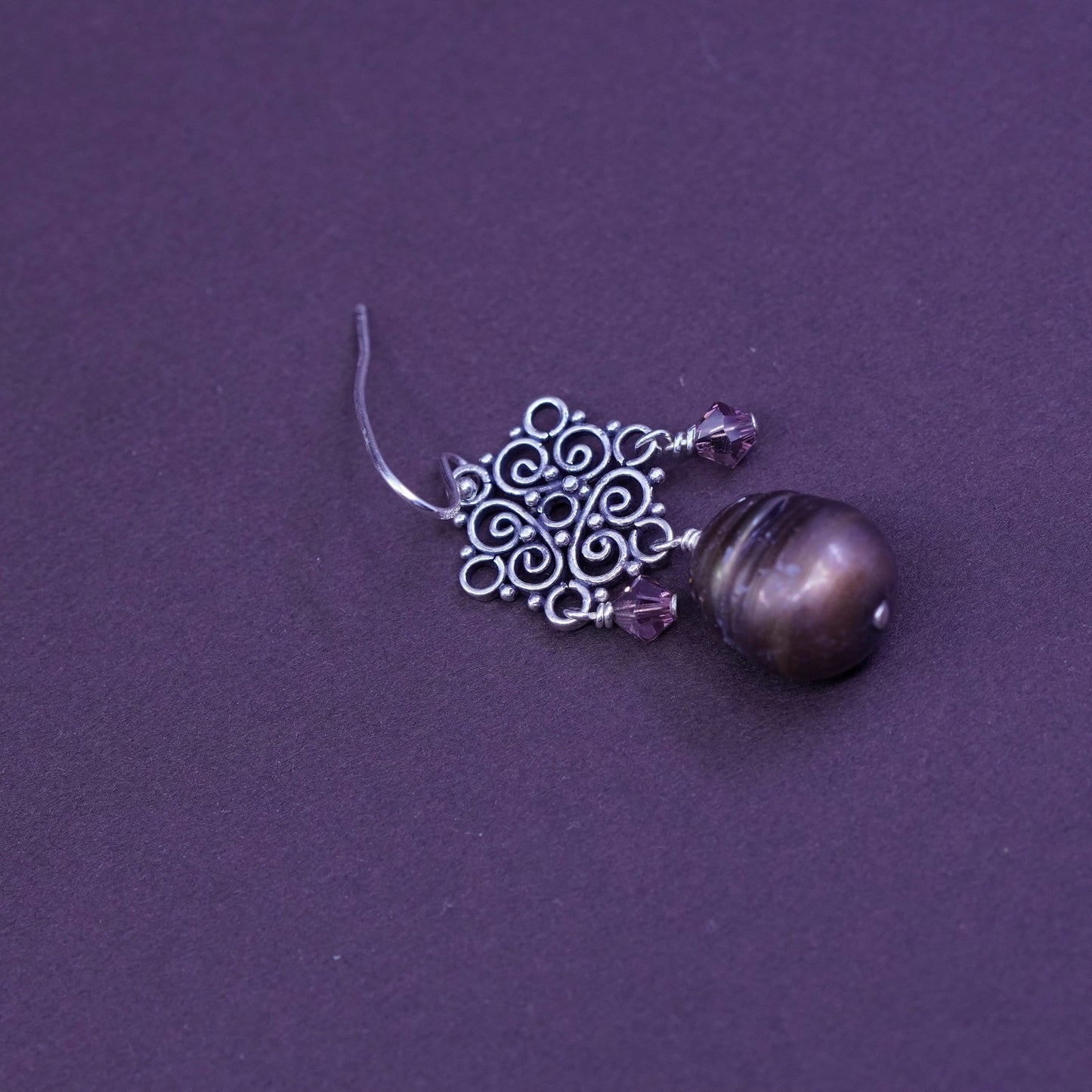 Vintage sterling silver handmade earrings, 925 filigree with purple pearl drops