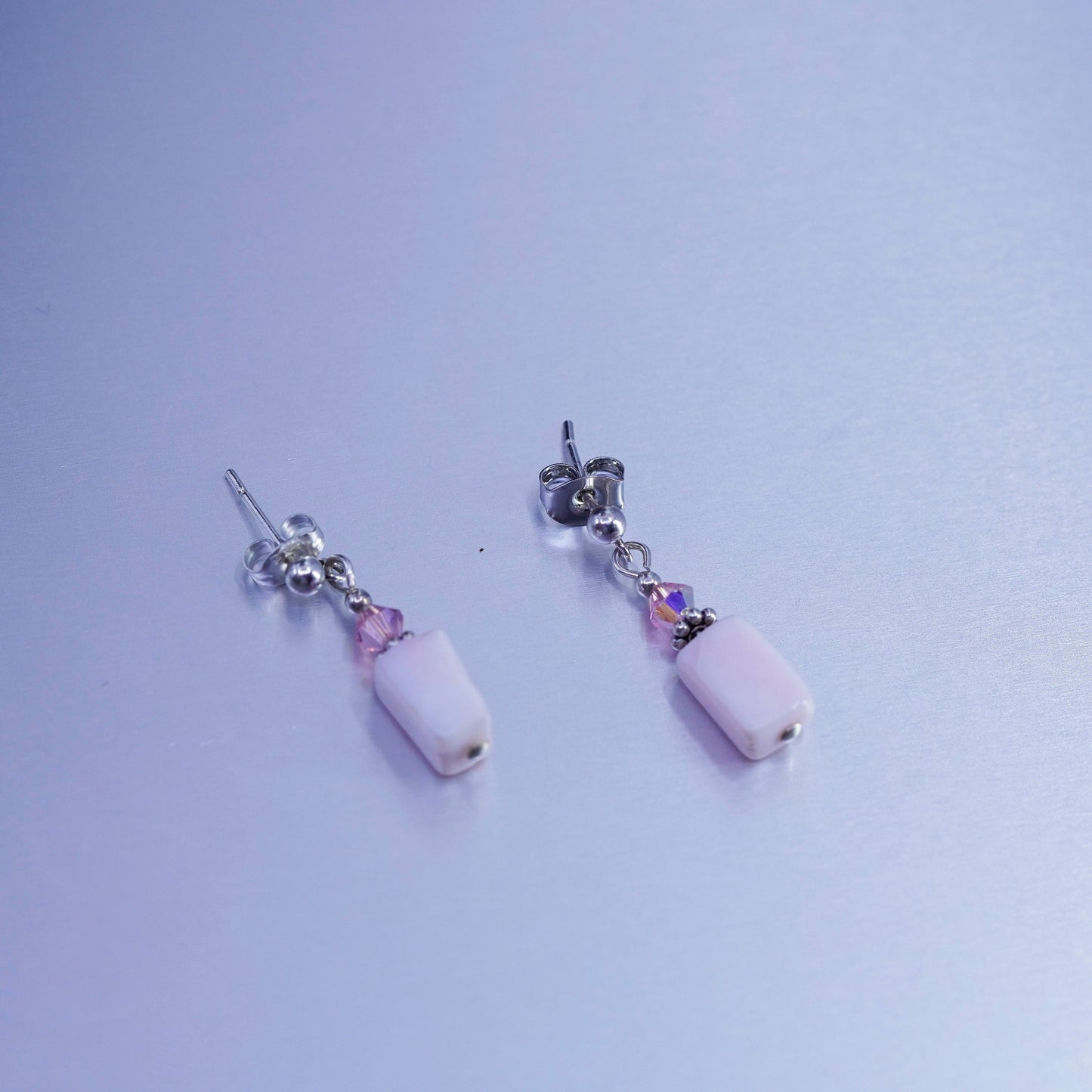 Vintage Sterling 925 silver handmade earrings with pink mother of pearl cube